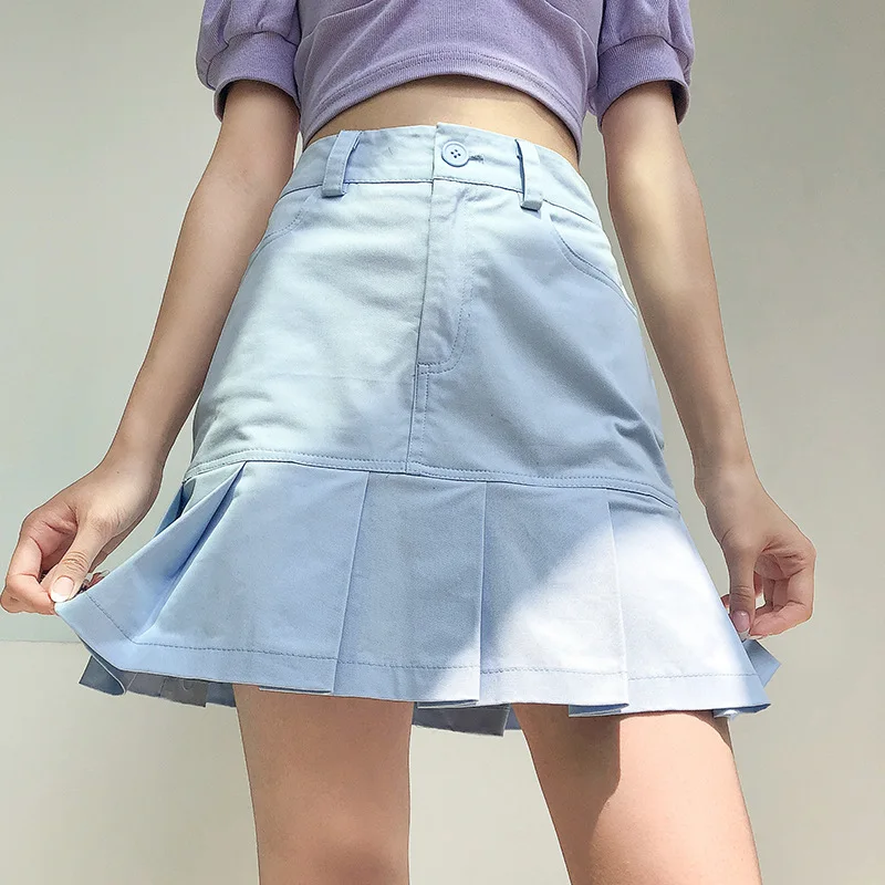 2024 Women's Academy  High Waist Lotus Leaf Solid Color Half Skirt   Fresh and Sweet Waist Slimming Hundred Fold Short Skirt