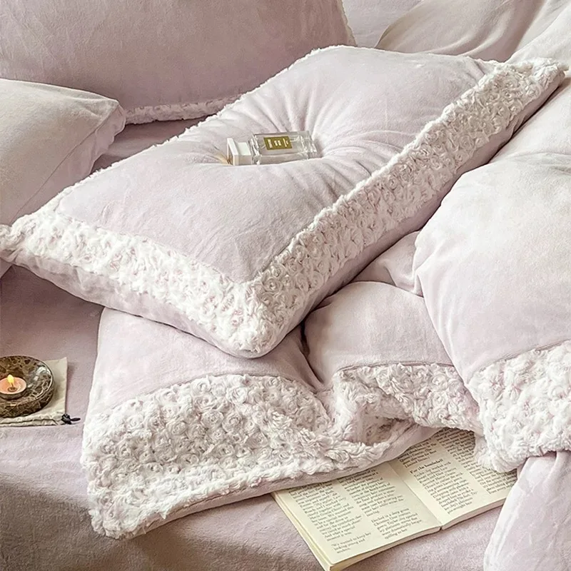 French Rose Carved Milk Fleece Four-piece Set Winter Thickened Warm Coral Fleece Quilt Cover Bed Sheet Pillowcase Bedding Set