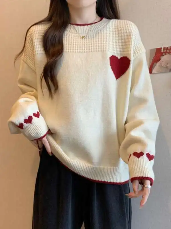 Pull en tricot rond pour femmes, brodé, décontracté, ample, amincissant, pour l'automne et l'hiver, nouvelle arrivée