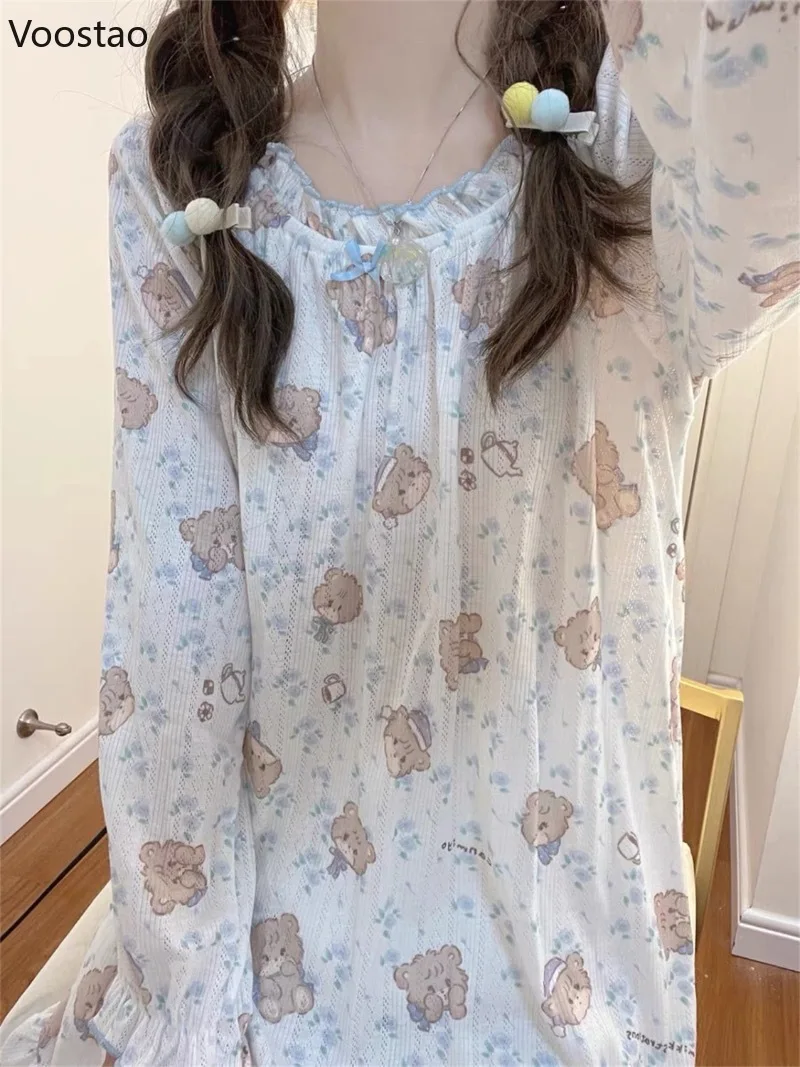 Sweet Lolita Style Princess Nightdress Bow Long Sleeve Pajamas Mini Dress Women Cute Cartoon Bear Print Cotton Kawaii Sleepwear