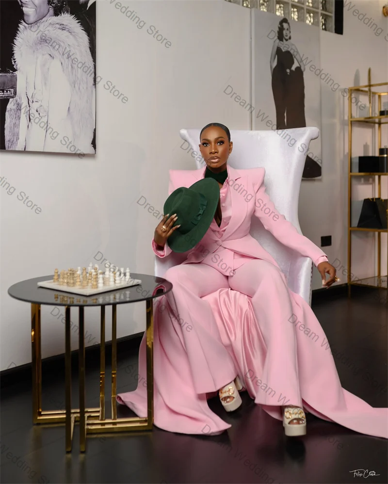 

Pink Women Suit Set 2 Pcs Long Blazer+Pants Trousers Spring Formal Office Lady Jacket Customized Wedding Guest Coat