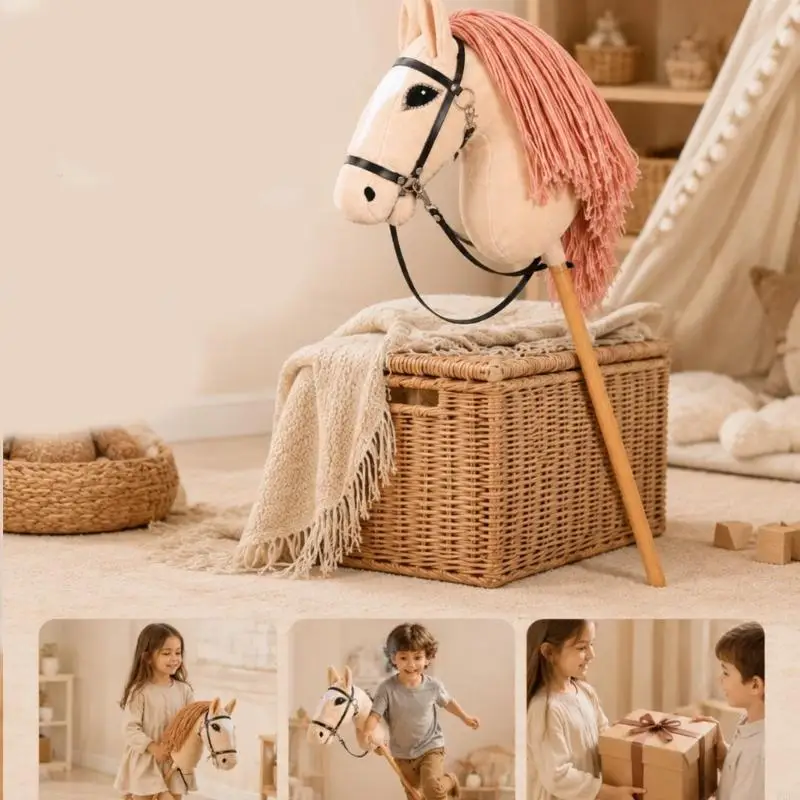 2026 New Pretend Play Horse Prop on Wooden Plush Horse Head with Embroidered Features for Photo Booth Fun, Party Use,