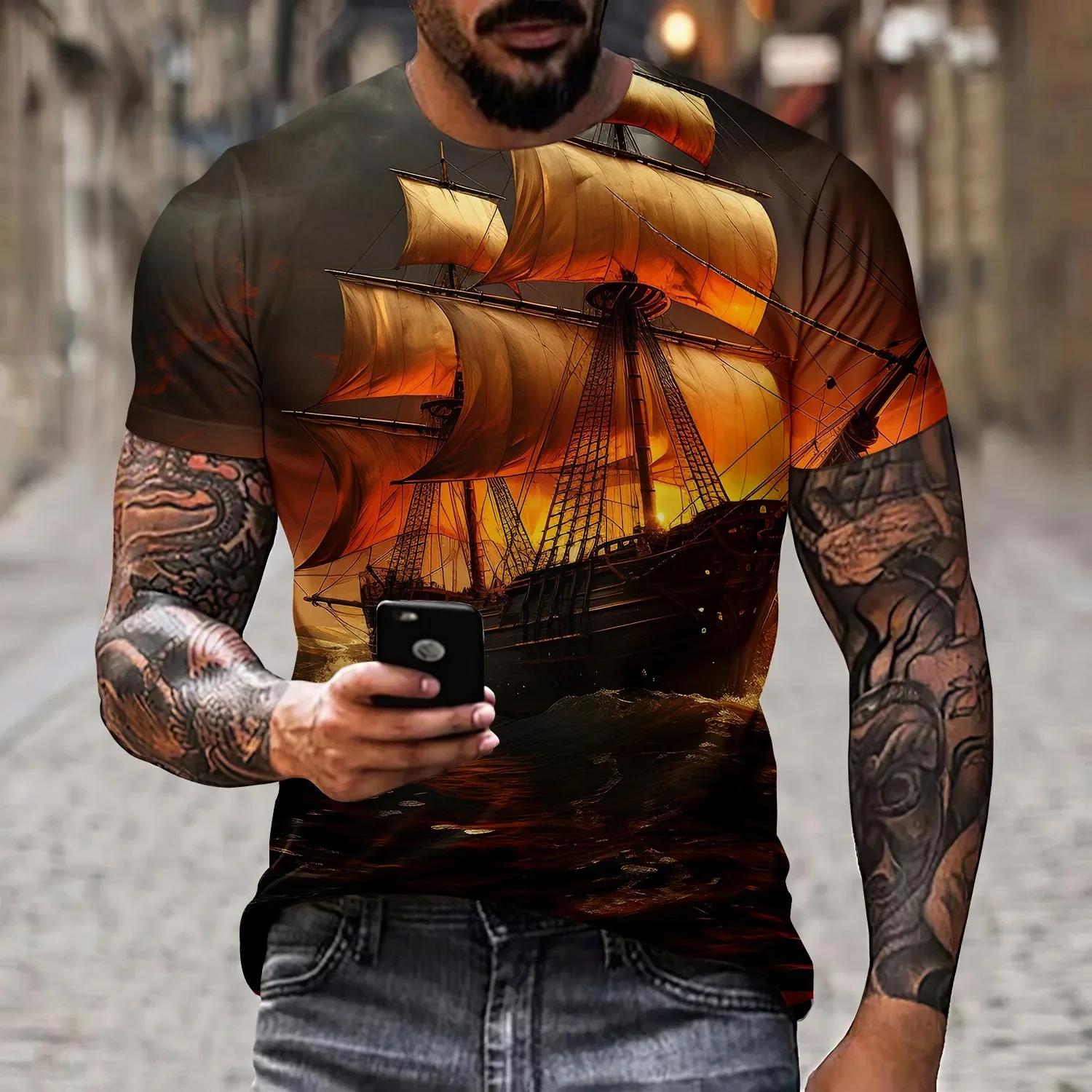 

Men's 3D boat print round neck T-shirt, fashionable and creative casual short sleeved T-shirt, street top S-5XL