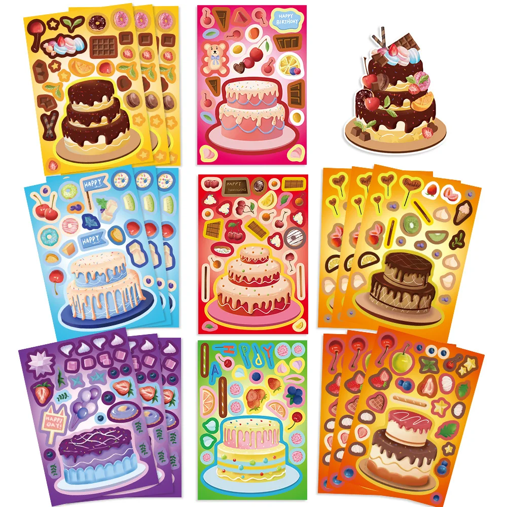 8PCS Creative 'Cake Wishes Come True' Cartoon Puzzle Stickers Set DIY Assembly Educational DIY Crafts for Kids