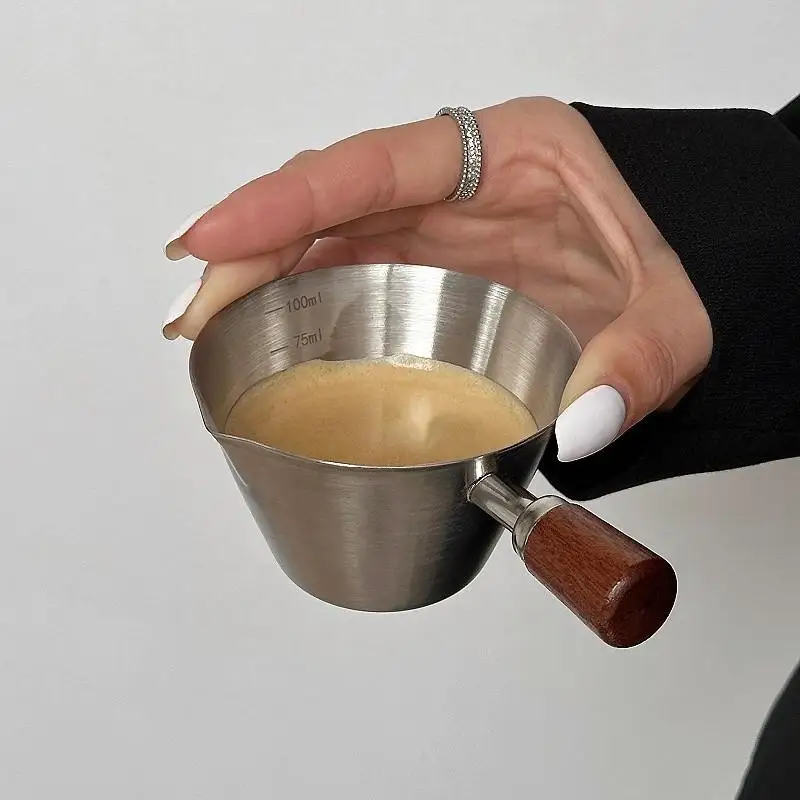 Stainless Steel Espresso Shot Glass with Walnut Handle Graduated Coffee Measuring Cup 2 Oz Liquid Volume Markings Barista Tool
