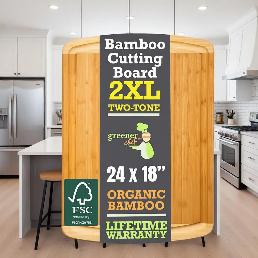 

Очень большая бамбуковая разделочная доска 24, с глубокой канавкой для сока — деревянный мясной блок XL для кухни, мяса и овощей