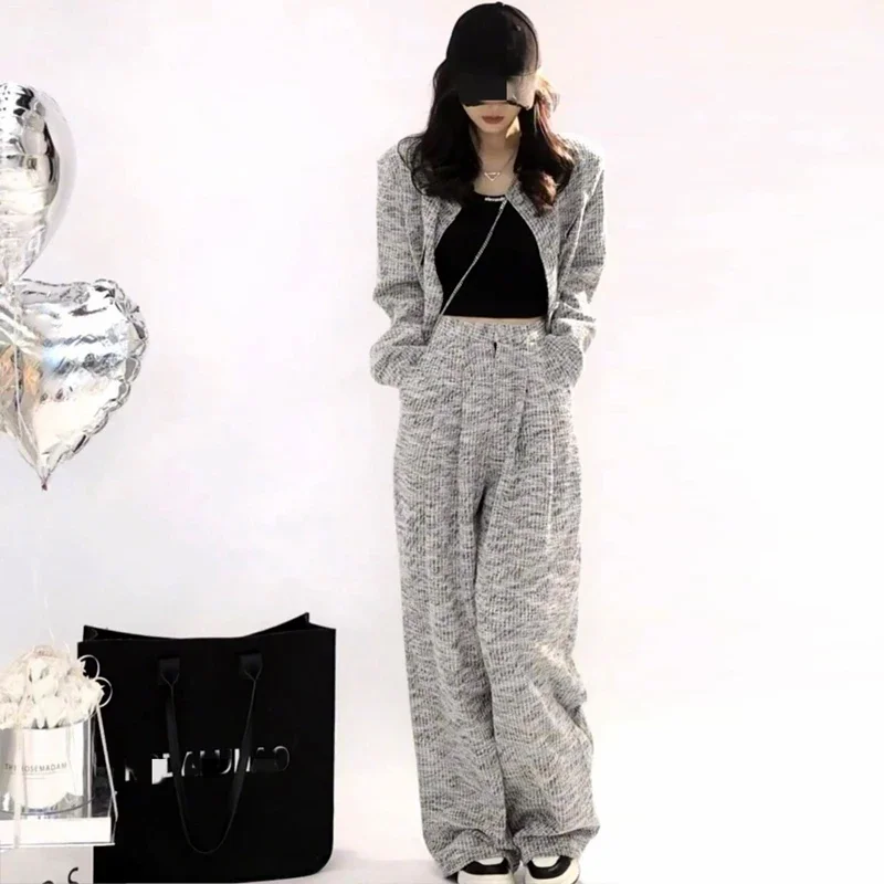 

Gray Sports Suit Women's Autumn and Winter Loose Casual Short Top High Waist Wide Leg Trousers Two Piece Set Female Clothing