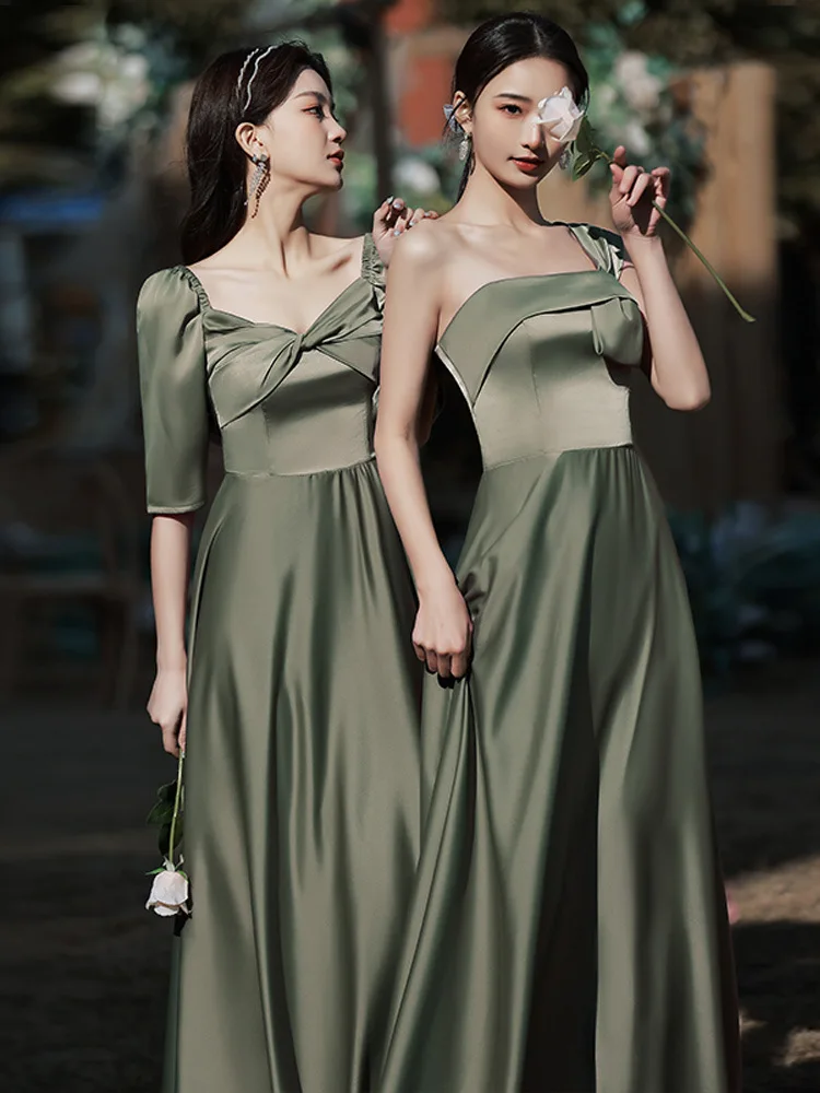 

Bridesmaids Dresses Vintage V-Neck Spaghetti Straps Sleeveless Satin A-Line Off The Shoulder Green Women Wedding Party Gown