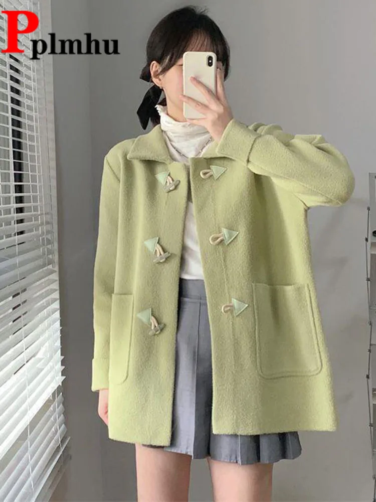 

Elegant Horn Button Woolen Jackets Coat Korean Fashion Turn-down Collar Chaquetas Women's Casual Mid-long Thick Top Jaquetas