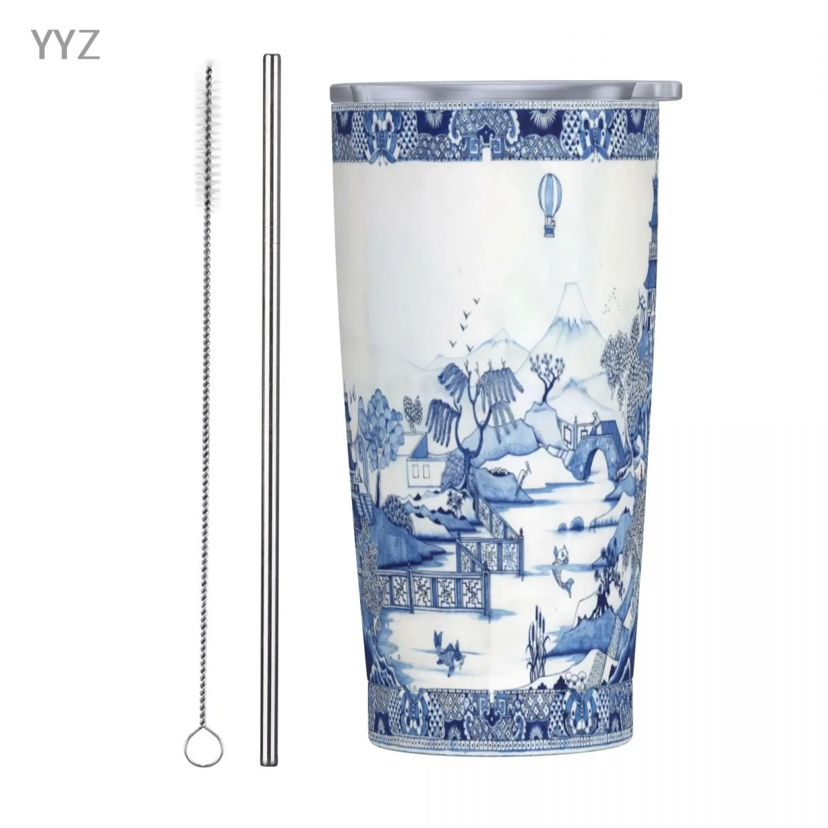 Blue Willow Chinoiserie Blue And White Porcelain Tumblers Bulk Stainless Steel Cup with Lid Double Wall Vacuum Insulated Mug