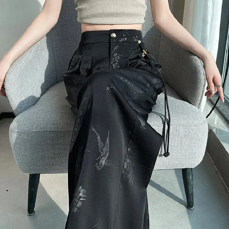 Harajuku Leisure Chinese Style Jacquard Wide Leg Satin Pants Women Elegant Solid Office Lady Women's Casual Loose Pants Female