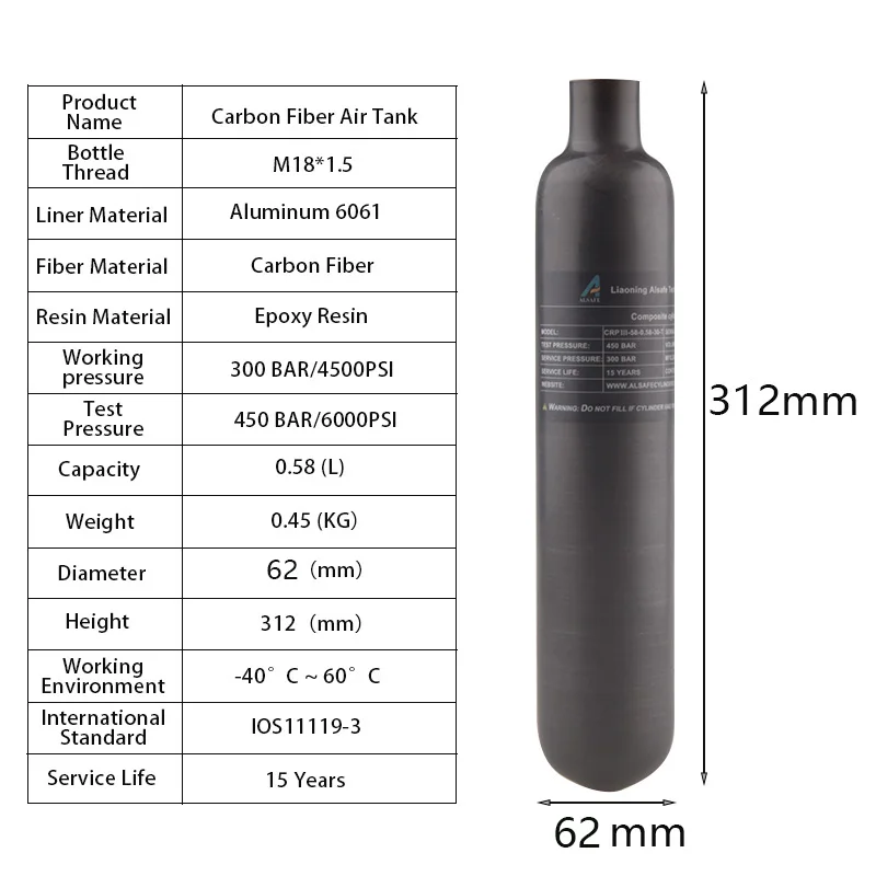 HPA Scuba 300BAR 4500PSI Carbon Fiber Air Tank 0.58L 580CC Gas Cylinder M18*1.5 Cilindro For Station Diving Aquarium Accesories