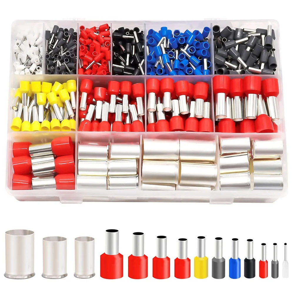 

1000PCS Wire Ferrules Terminals Kit Silver Plated Copper Ferrules Wire Ends Terminals Crimp Terminal Connector Sleeves AWG 22- 2