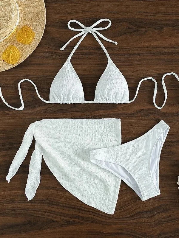 New 3 Pieces Set Swimsuit Women Thong Swimwear Sexy Micro Bikini Set With Sarong Skirts Cover Up Beach Wear Bathing Suit White