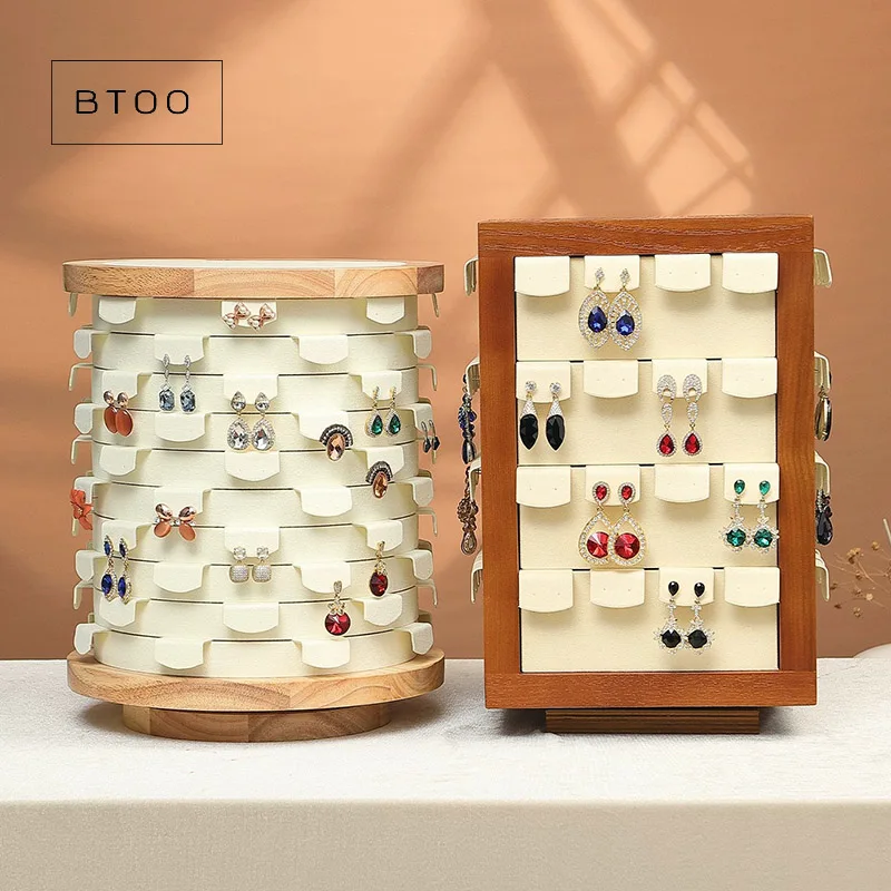 Wooden Rotating Earring Display Stand Jewelry Organizer Tower Multi-Layer Display Rack for Studs And Hoops for Shop