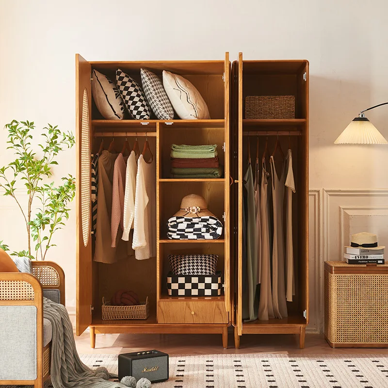 

New Chinese rattan solid wood wardrobe combination large capacity partition three-door wardrobe multi-functional bedroom storage