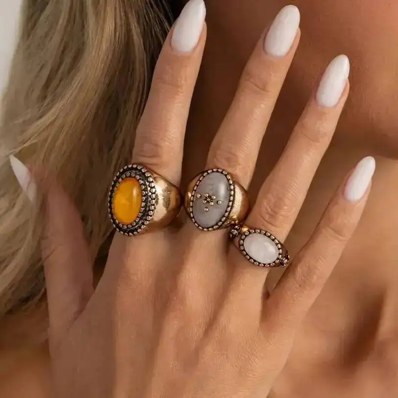 SHIXIN 3 Pcs/set Vintage Oval Resin Finger Rings for Women Punk Geometric Gold Color Metal Ring Aesthetic Couples Jewelry Gifts