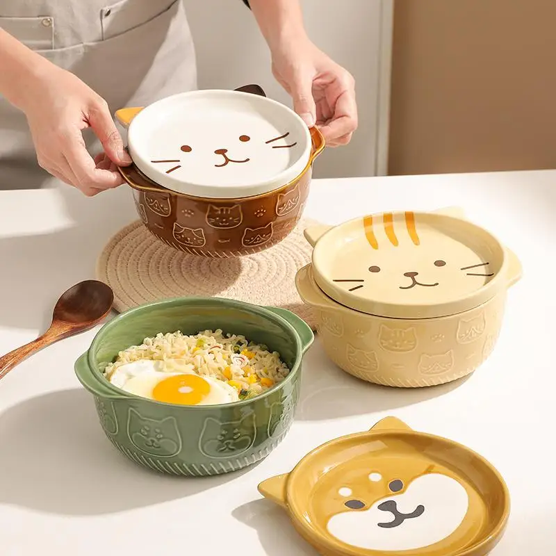 Japanese Style Ceramic Bowl with Lid for Instant Noodles Dormitory Soup Bowl Double Ears High Aesthetic Value Cute Girl Heart