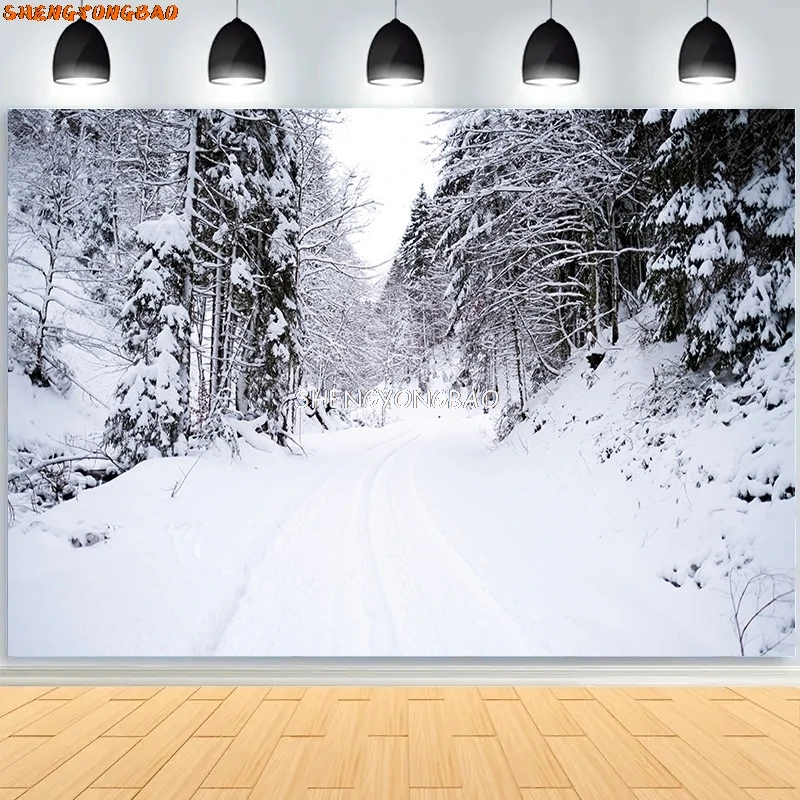 겨울 숲 눈 덮인 도로 사진 배경 흐릿한 풍경 눈송이 도로 가문비 나무 사진 배경 XD-05