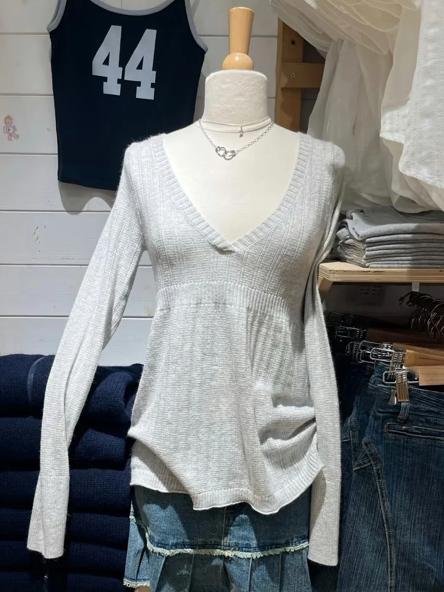 

Однотонный милый вязаный пуловер, женский осенний сексуальный трикотаж с v-образным вырезом и длинными рукавами, женский универсальный повседневный джемпер в консервативном стиле