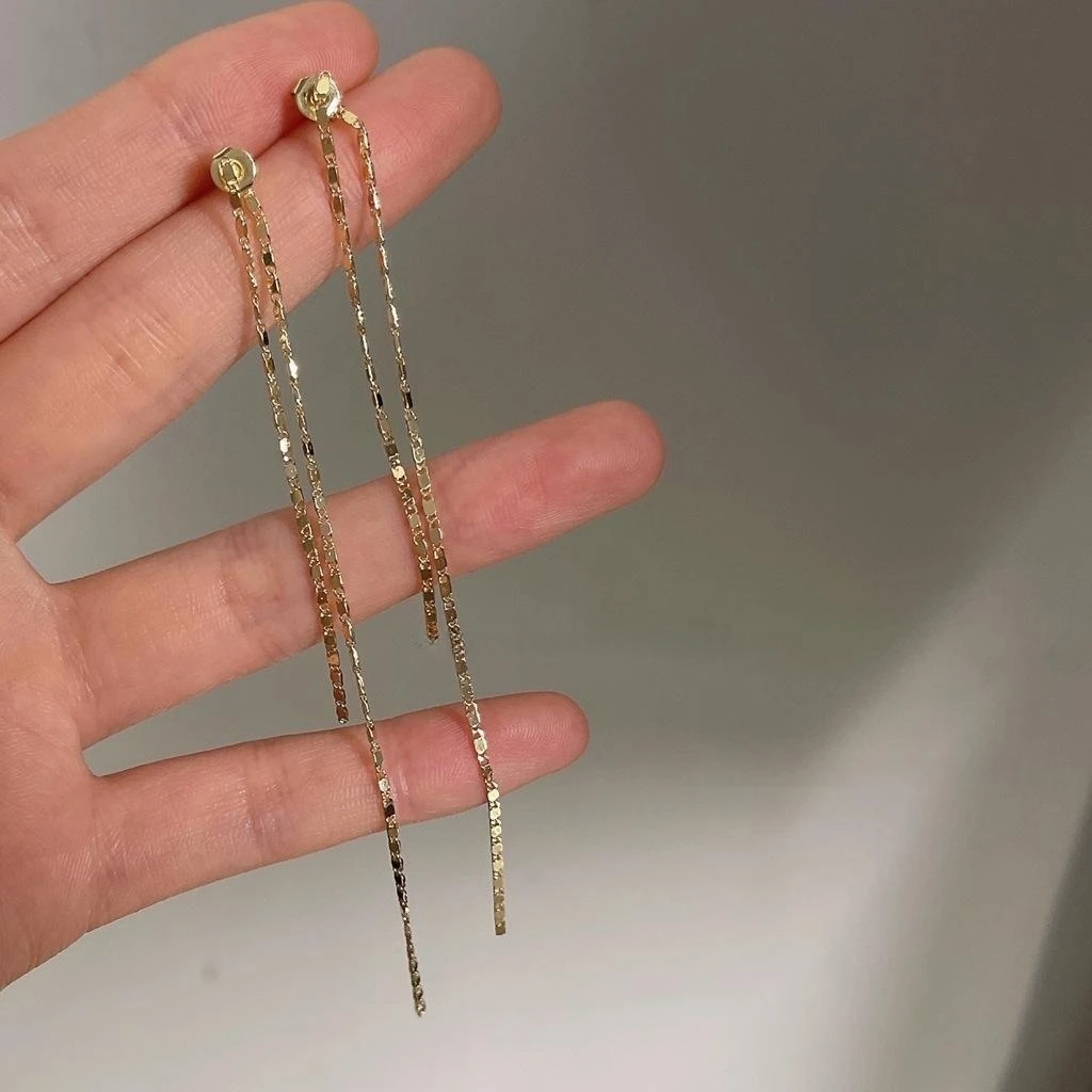 Long Tassel Chain Drop Earrings for Women 14K Gold Plated 2‑Way Wear Slim Face Dainty Long Threader Earrings Daily Party Jewelry