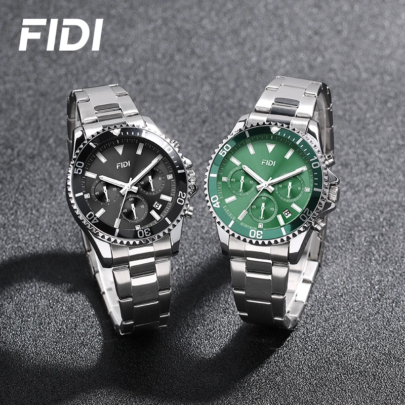 

FIDI Mens Chronograph Quartz Watch Stainless Steel Bracelet 3ATM Waterproof Rotating Bezel Luminous Hands Sport BusinessWatch