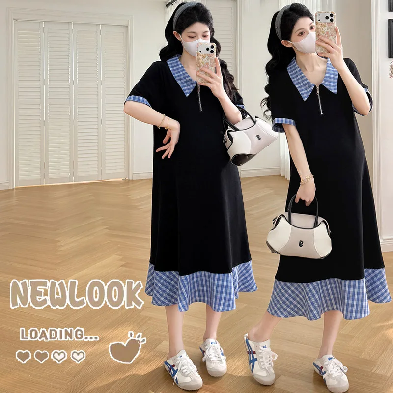 Maternity Dress Summer 2026 Minimalist Casual Loose Plaid Patchwork Short Sleeve Long Dress for Pregnant Women