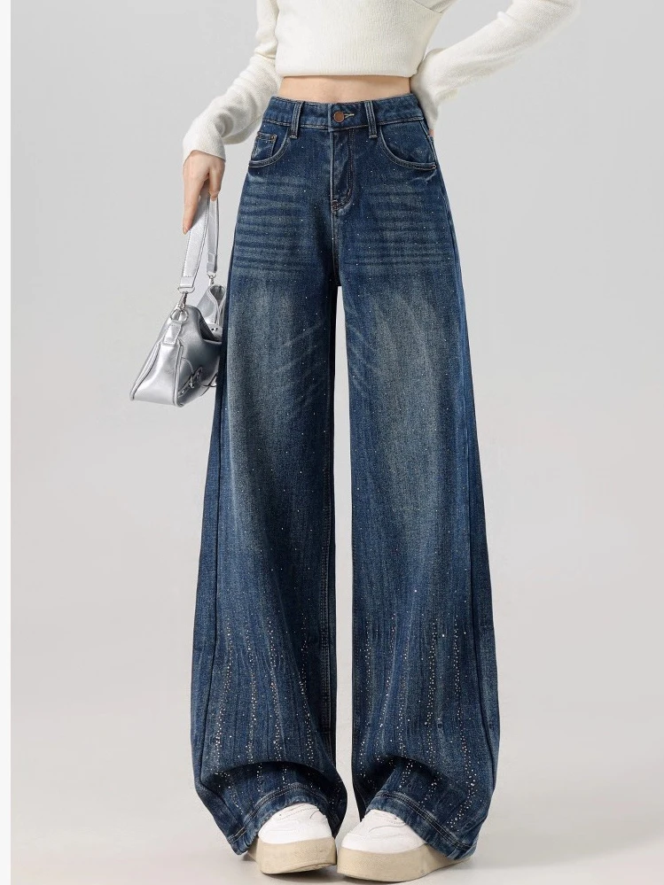 

Retro Heavy Du Rhinestone Denim Jeans Women's Design Sensation Pear Body Straight Wide Leg Pants Spring 2026 Casual Sle