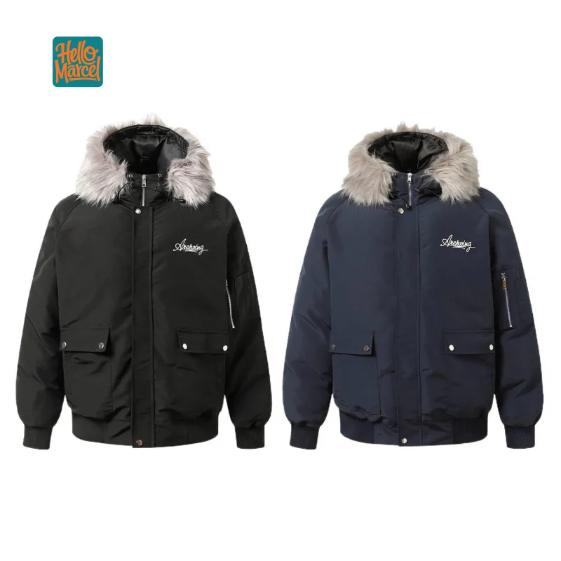 

HELLOMARCEL EU US Size Top Quality Embroidery Patchwork Hooded Fur Collar Cotton Jacket for Men Winter Thick Versatile Coat