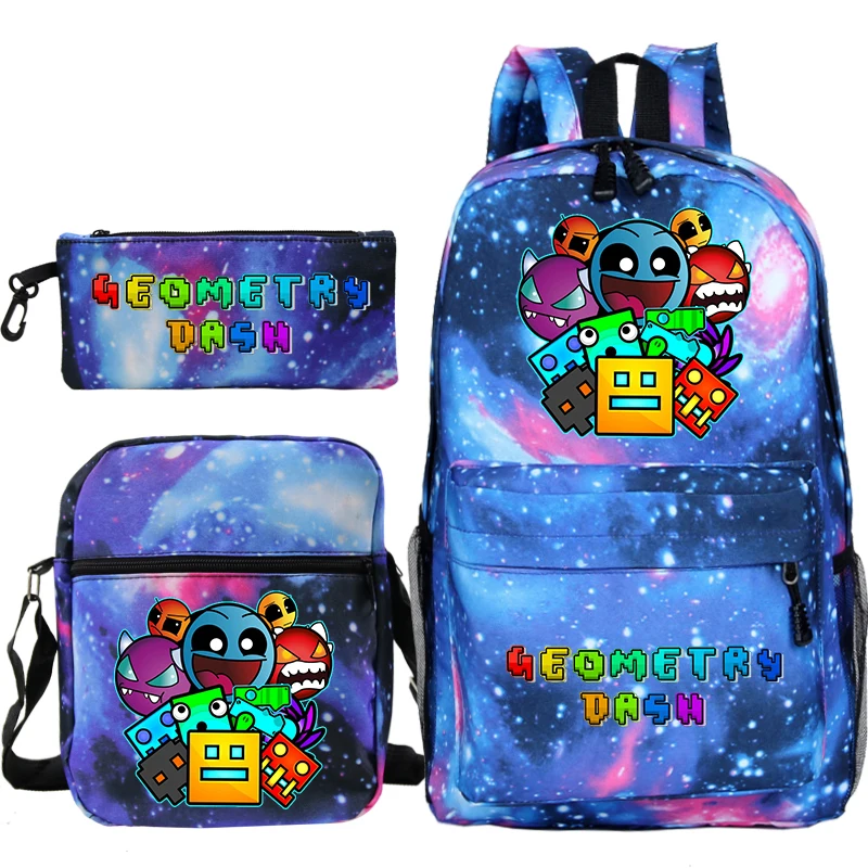 Angry Geometry Dash Print Backpack 3pcs Set Funny Cartoon School Bag For Boys Girls Nylon Backpack Travel Sport Portable Bookbag