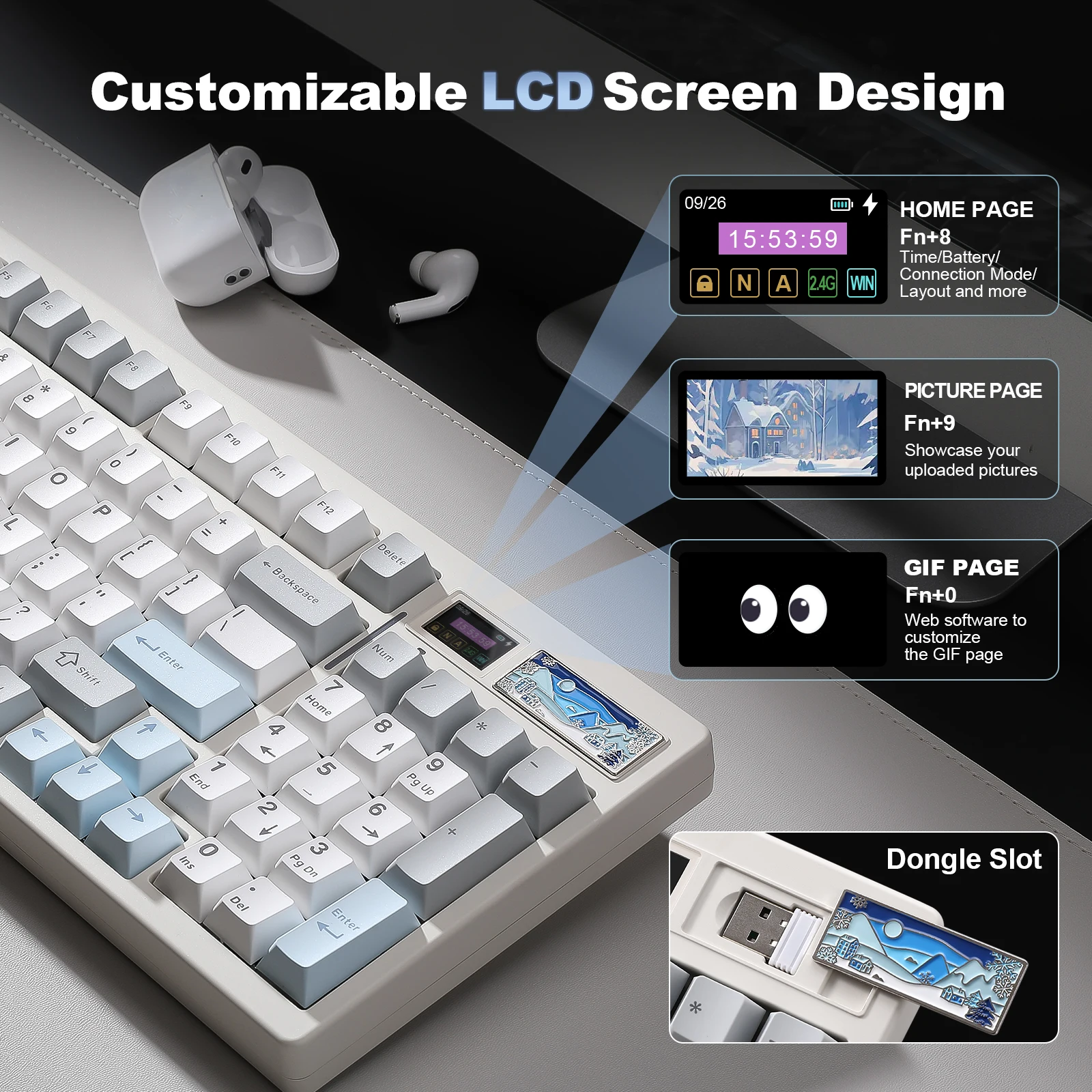 YUNZII IF99 White Wireless Mechanical Gaming Keyboard with Smart LCD Display, QMK/VIA Custom Gasket Hot Swap RGB 96% Keyboard