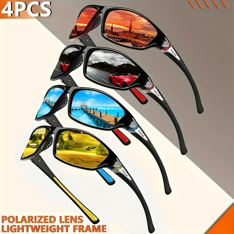 

4 Pairs of Men's Windproof Sports Fashion Sunglasses Set Polarized Running and Cycling Glasses A Must-have Gift for Driving