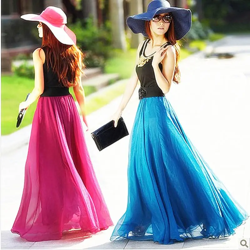 

2024 New Spring Summer Women Solid Color Chiffon Skirt Female Elegant Loose Pleated Skirts Ladies Long Casual Skirts B238