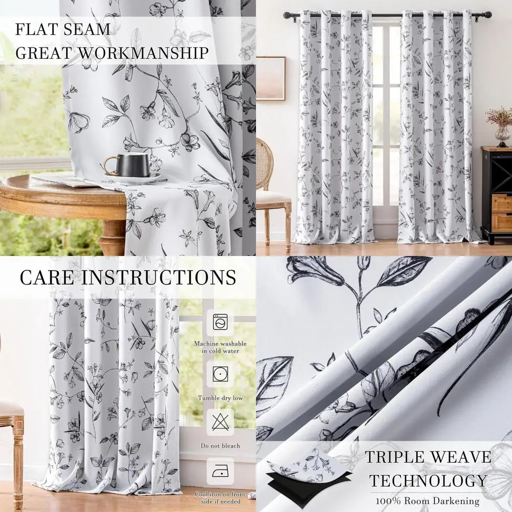 

Затемняющие цветочные шторы длиной 108, комплект из 2 панелей, черный цветочный дизайн, термоизоляция, звукоизоляция, верхняя часть люверса для спальни и