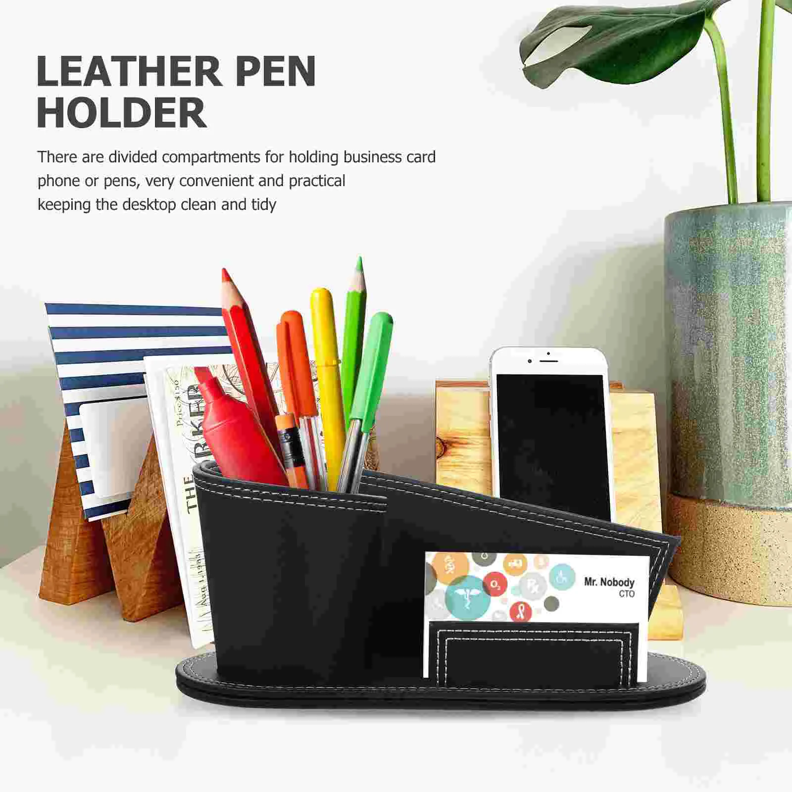 PU Pen Holders Container Creative Business Stand Desktop Organizer for Office (Black) pu business stand