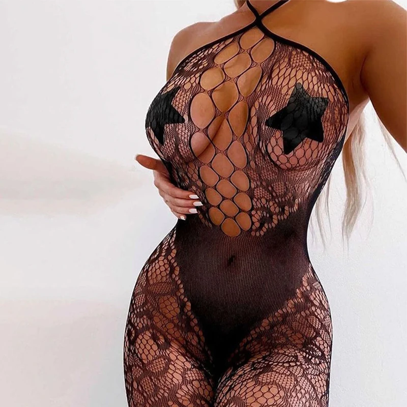 One Piece Sexy Lingerie Plus Size Women High Mesh Hollow Bodystockings Erotic Costumes Crotchless Babydoll Dress Porno Underwear