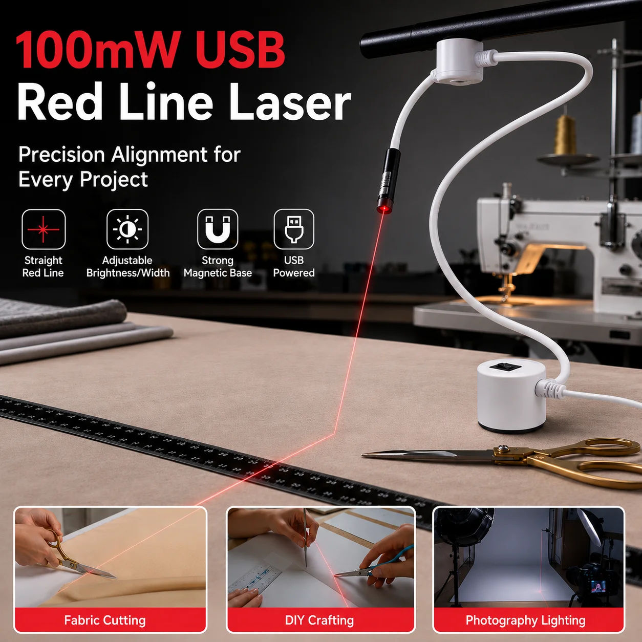 USB Rotes Infrarot-Laser-Positionierungslicht mit Magnetfuß DC5V Punkt-Linien-Kreuz Arbeitslampe Schneid- und Nähmaschinen-Zubehör – Detail 4