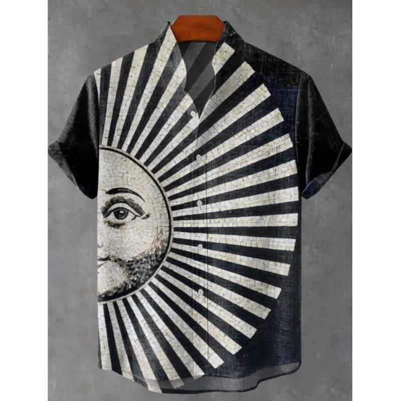 2026 Men's Sun Pattern Short-sleeved Shirt Summer Vintage New Linen Shirt Men's Short-sleeved Leisure Holiday Streetwear