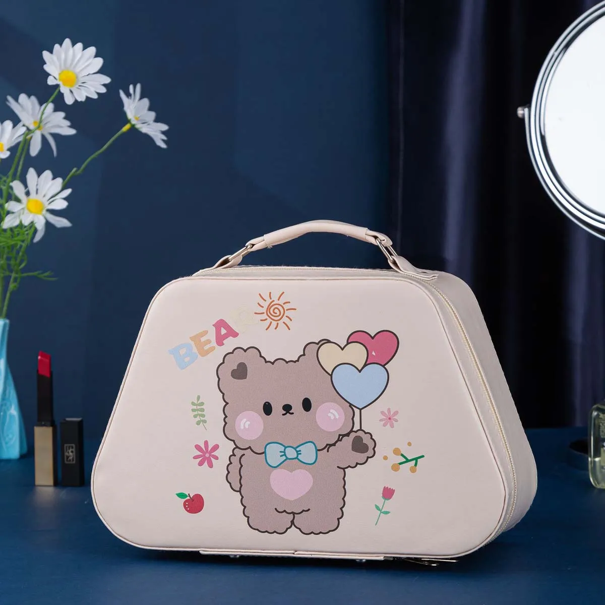 In-stock advanced sense PU with mirror portable makeup case cartoon network red large capacity portable suitcase cat pattern