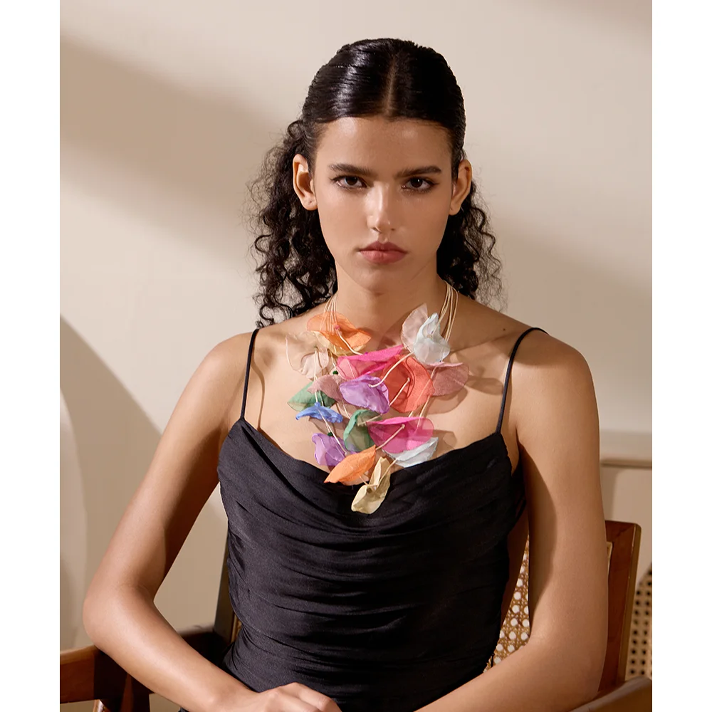 Yhpup Colorful Y2K Polyester Cloth Petal Flower Layered Overlay Handmade Bib Necklace Stainless Steel Summer Trend Jewelry Women