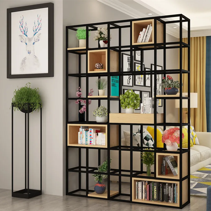 Nordic living room solid wood screen display rack, Jiugongge wrought iron storage rack, office floor partition rack
