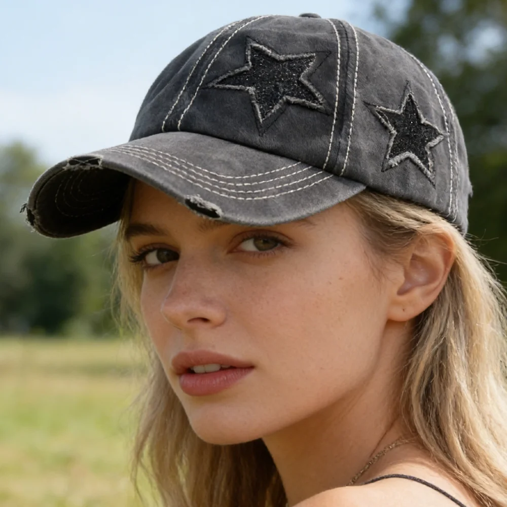 Fashion Women Ponytail Cap Sequins Fitve-Star Hole Design Baseball Cap Female Washed Cotton Streetwear Outdoor Hats