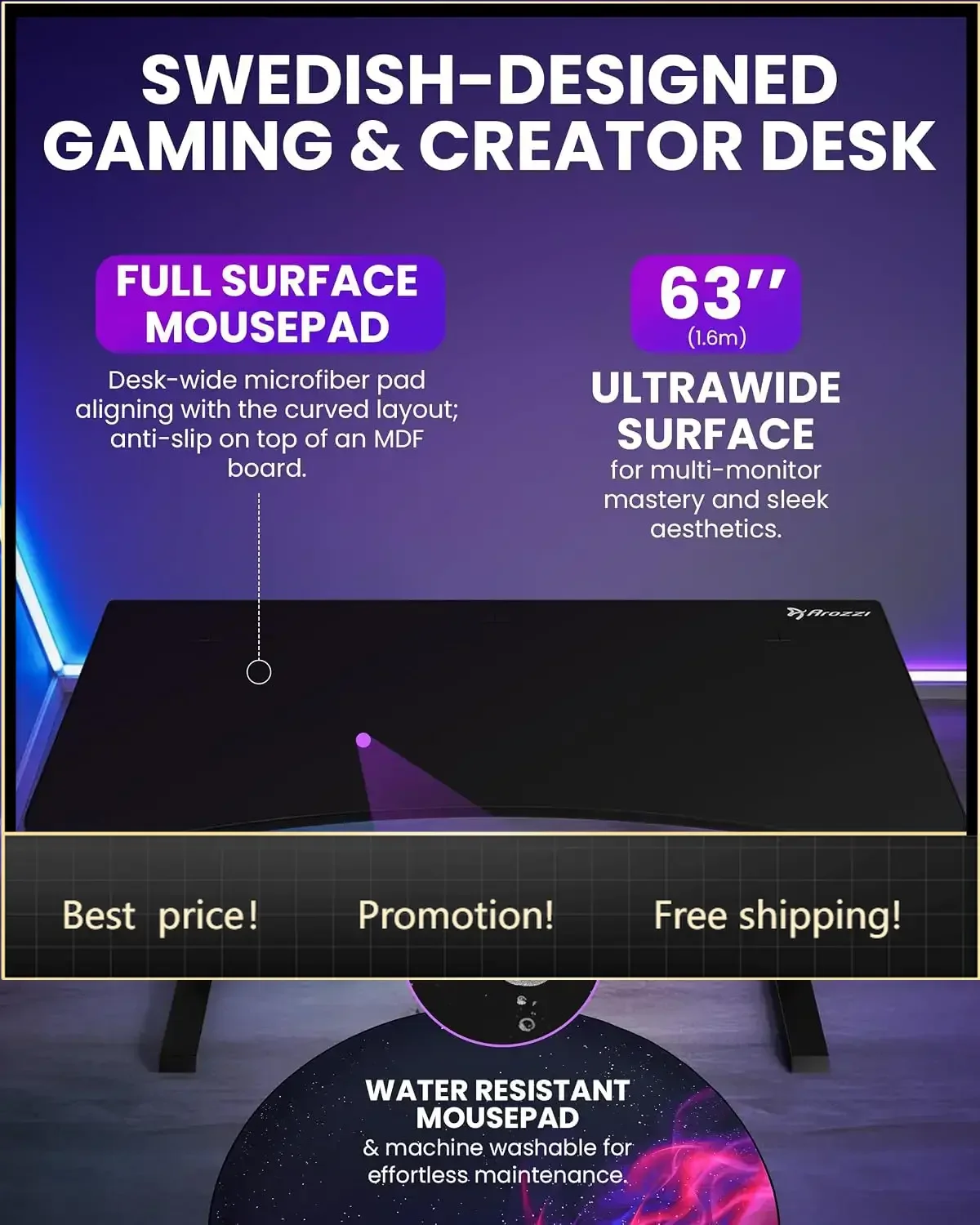 Arena Ultrawide Curved Gaming Desk Pure Black | Full Surface Water-Resistant Desk Mat, Monitor Mount Cut-Outs, Cable