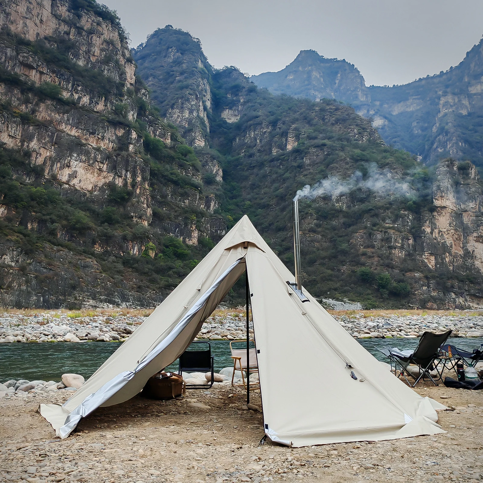 PAKICETUS Hot Tent mit Schornsteinöffnung und Schneeschutz, 5,24ft~7,21ft Stehraum, für 2-4 Personen, 4-Jahreszeiten-Rucksackzelt, Tipi-Zelt – Detail 1