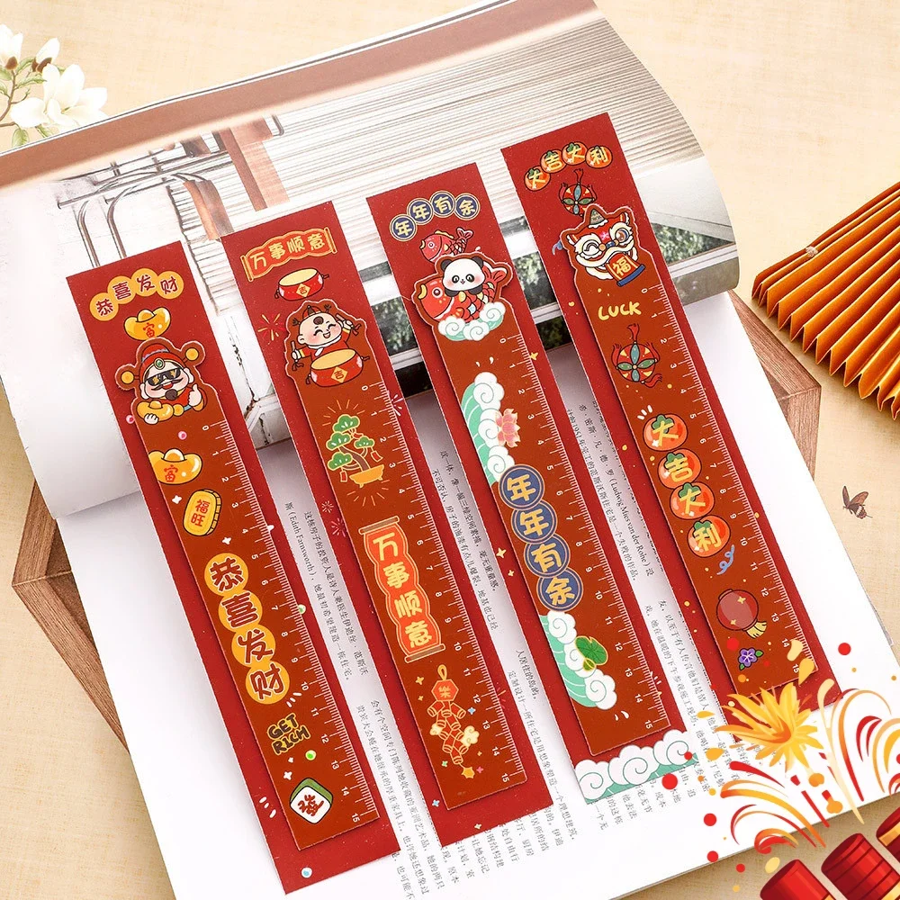 12Pcs Wholesale Chinese Style Cute New Year Magnetic Bookmark Ruler Blessing Text Painting Ruler Student Learning Stationery