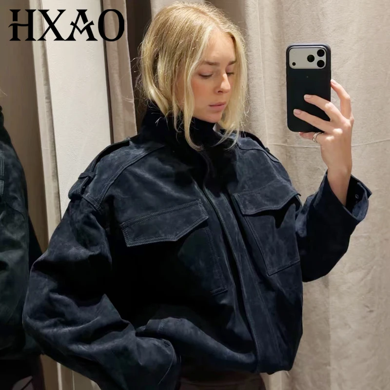 ג'קט סוודה חדש HXAO לנשים ג'קטים סתיו אפור כהה חאקי בומבר ג'קט צ'יק רוכסן למעלה שרוול ארוך מעיל אופנה חיצוני
