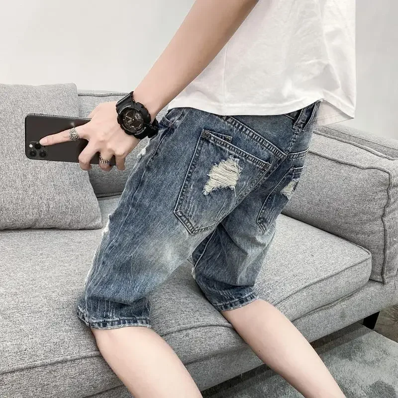 Celana Pendek Denim Pria Lurus Longgar Longgar Setengah Robek Celana Jeans Pendek Pria Panjang Lebar Bermuda dengan Saku Y2k Fashion Populer Xl
