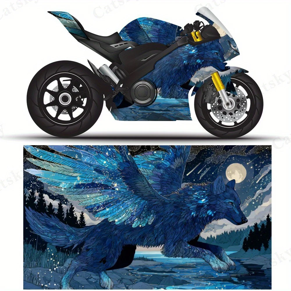 

Волк с синими крыльями, наклейки на мотоциклетную пленку, прочные клейкие наклейки из ПВХ для индивидуальной настройки мотоцикла, устойчивая к атмосферным воздействиям защита