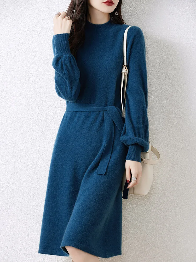 

New Chic Women's Puff Sleeves Dress 100% Merino Wool Autumn Winter Mock-neck Pullover Long Sweater Cashmere Knitwear Dress