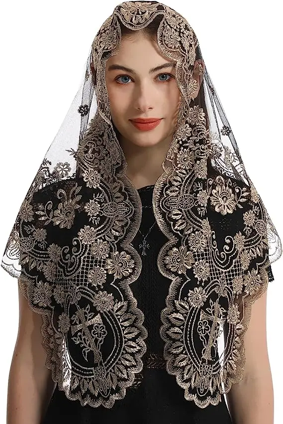 Women Embroidery Triangular Lace Mantilla Tulle Mesh Lace Catholic Veil